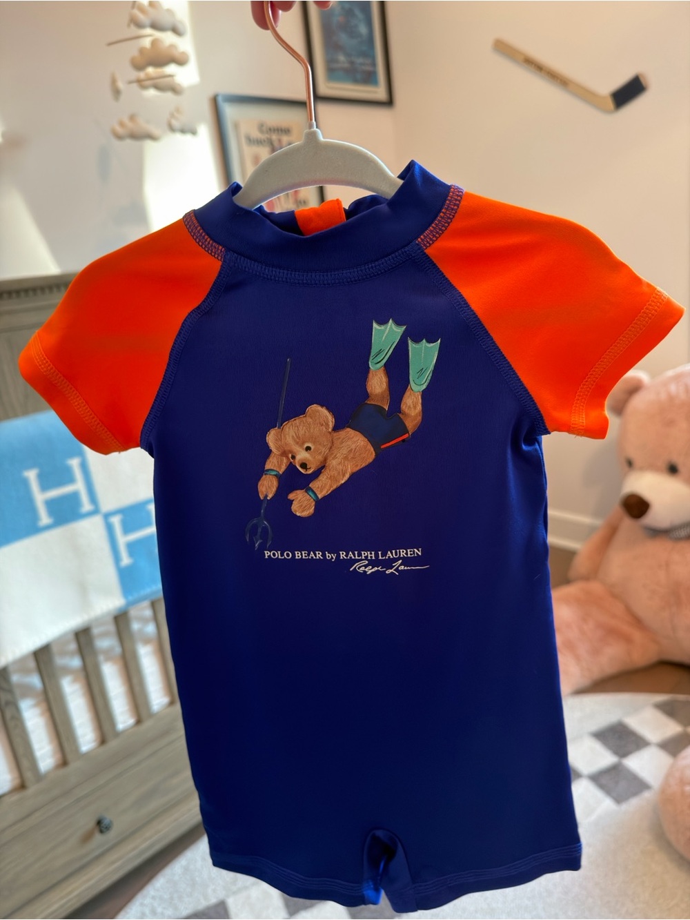 Ralph Lauren Navy & Orange Polo Bear Short-Sleeve Rashguard One-Piece